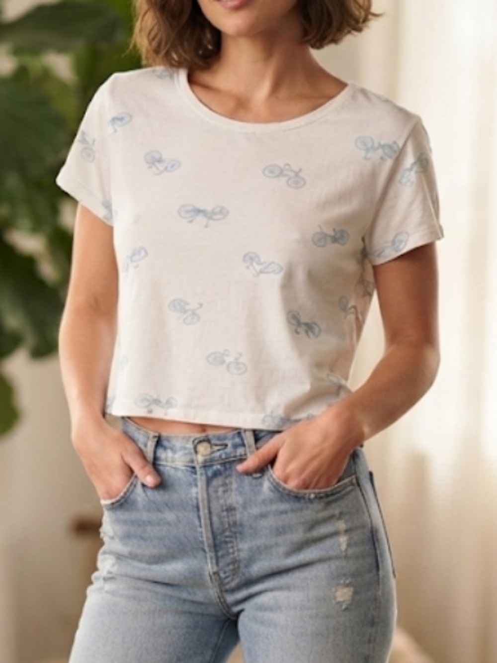 LOVE PEACE & LAZY DAYS Bicycle Novelty Print Cropped T-Shirt Large